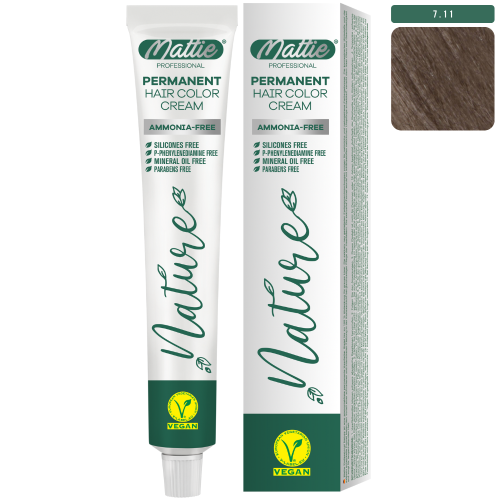 Mattie Professional Nature (7.11) Extra Ash Blonde - Vegan Permanent Hair Color Cream 60ml